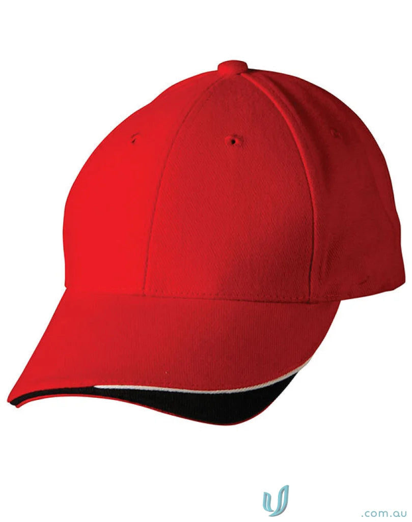 Red Triple Sandwich Peak Cap with heavy brushed cotton and black white trim
