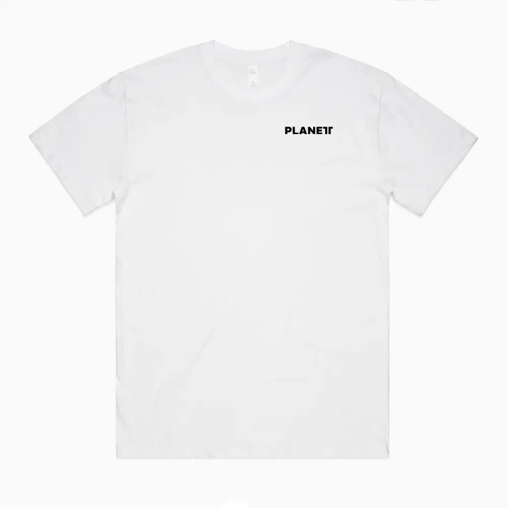 White short-sleeved truck oversize tee with minimalist black planet logo ideal for casual workwear uniforms