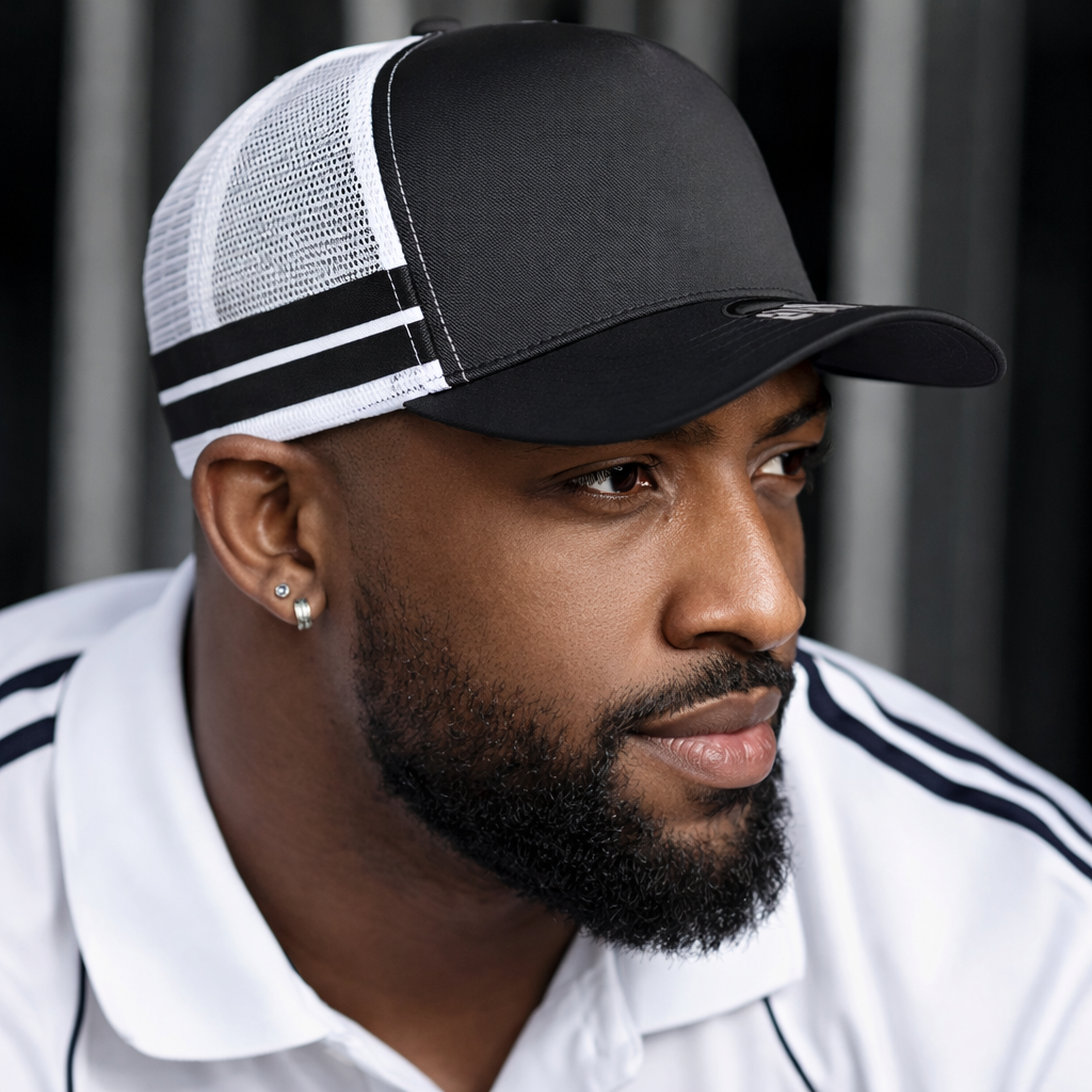 Black and white a-frame striped trucker cap with mesh back and logo perfect for workwear and uniforms