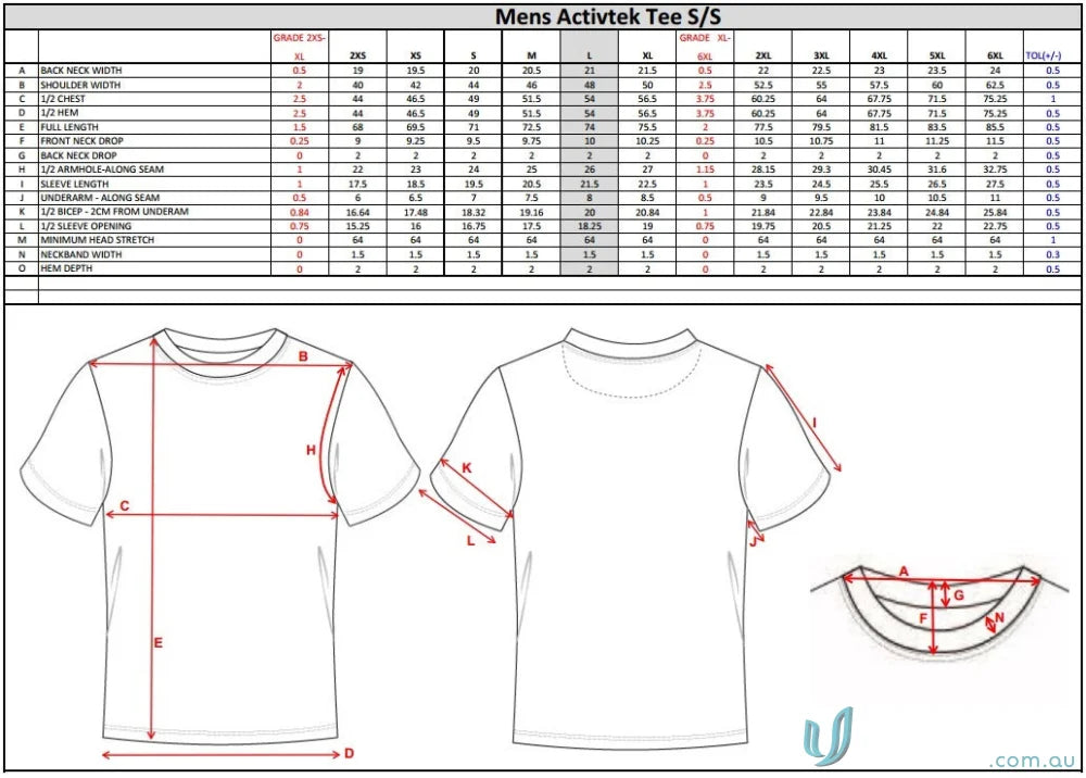 Men’s T-Shirt Size Chart for TS104 Custom T-Shirt made with sublimated sports fabric