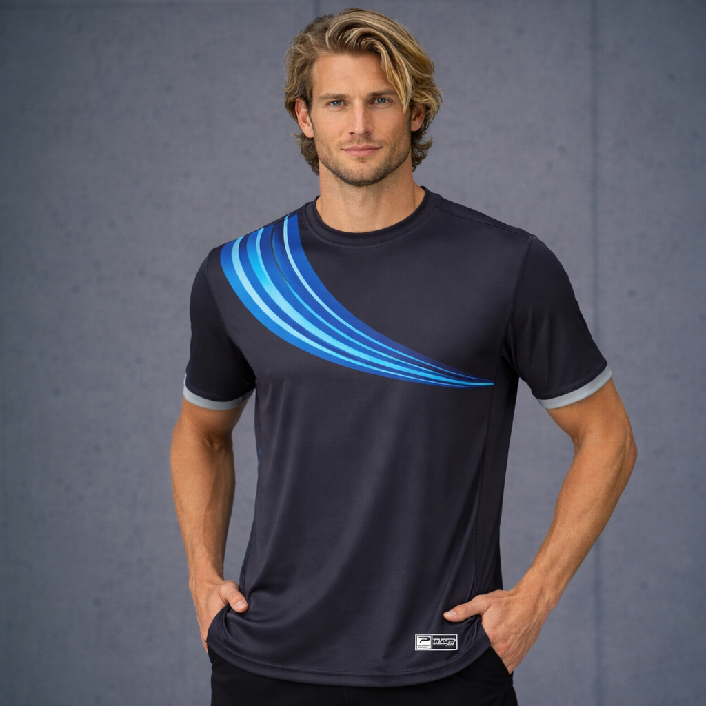 TS119 custom t-shirt in dark navy with blue gradient stripe and gray trim