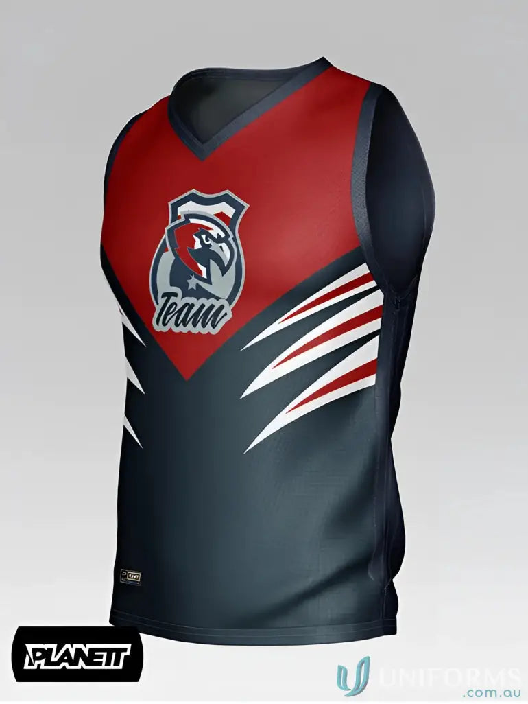 Red and black sleeveless custom afl guernsey with white red gray eagle logo perfect for sports uniforms and workwear