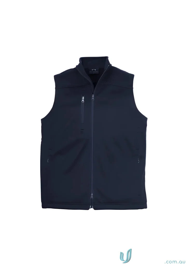 Mens softshell vest from Biz Tech, stay warm with this dark blue sleeveless zip-up vest