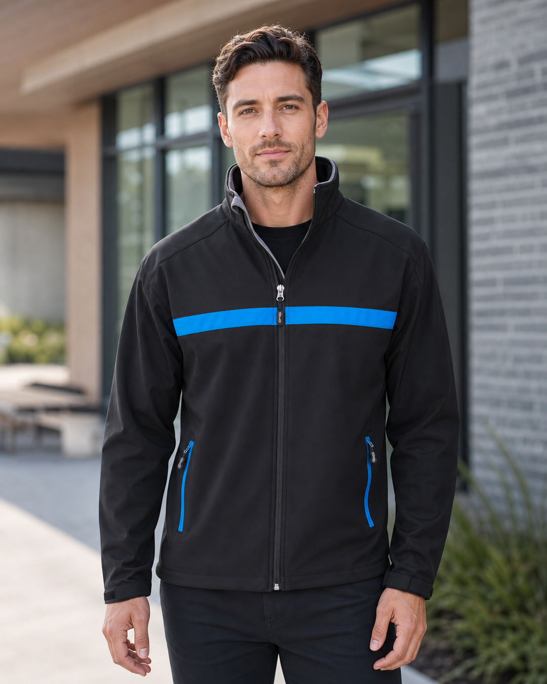 Unisex Charger Jacket black and royal blue on Australian male model