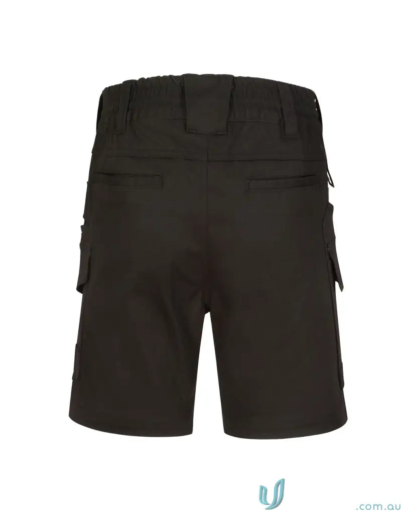 Black cotton stretch cargo shorts with multiple pockets and drawstring waistband perfect for workwear uniforms