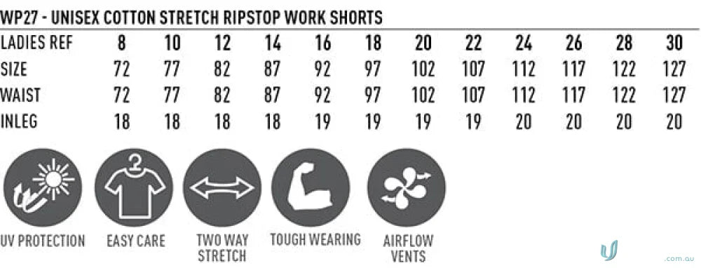Unisex Cotton Stretch Rip Stop Work Shorts sizing chart and features for WP27 Unisex Cotton