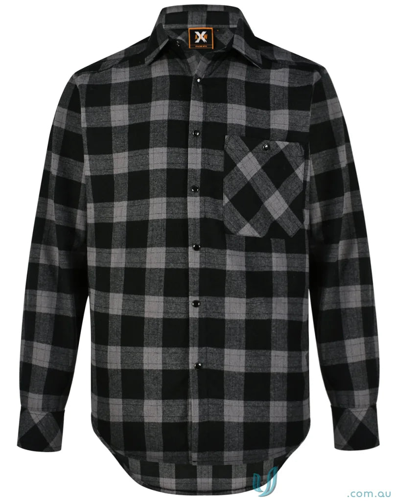 Black and gray plaid LS shirt featuring unisex flannel style with snap buttons