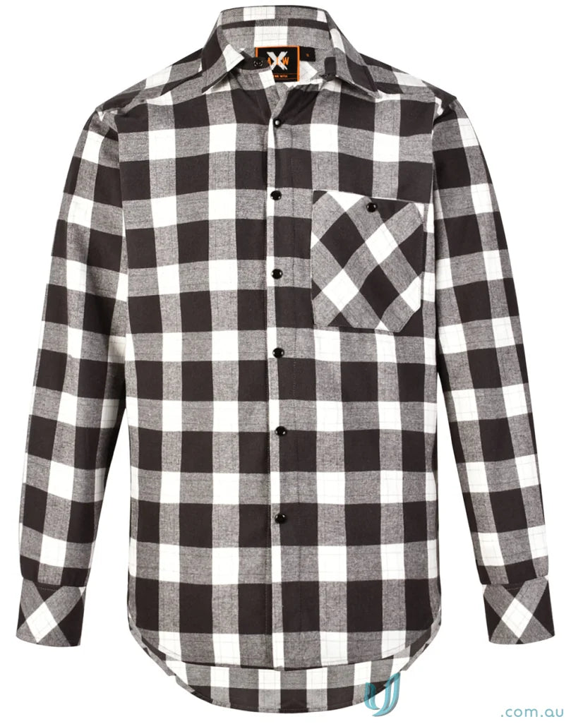 Black and white checkered plaid LS shirt featuring unisex flannel and snap buttons