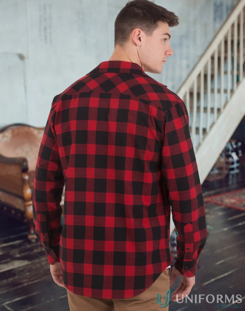 Red and black plaid LS shirt, unisex flannel with snap button details