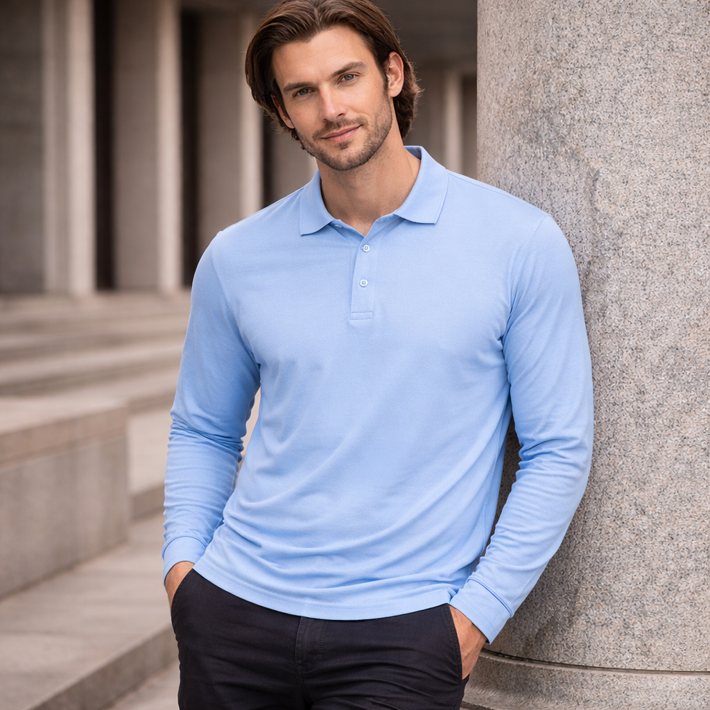 Unisex traditional poly long sleeve polo in light blue