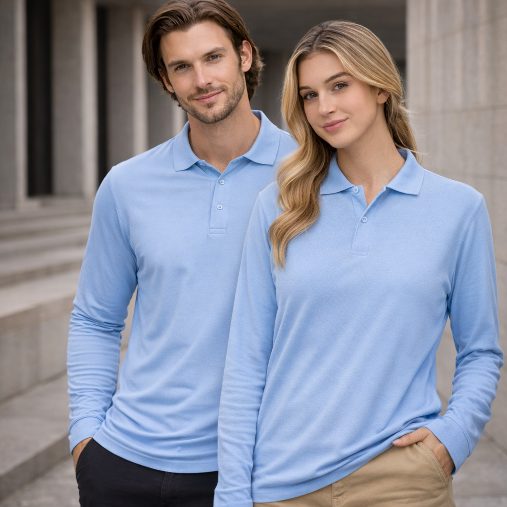 Unisex traditional poly long sleeve polo in light blue pique