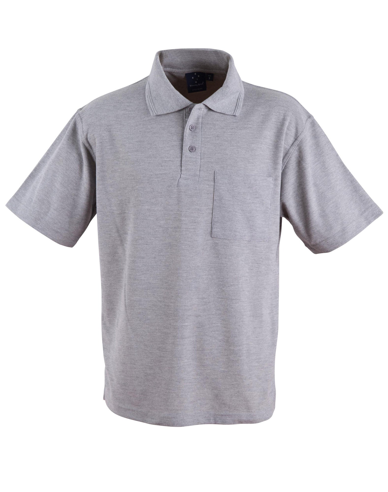 Gray heathered PS41 Pocket Polo with taped neck seam, unisex short-sleeve