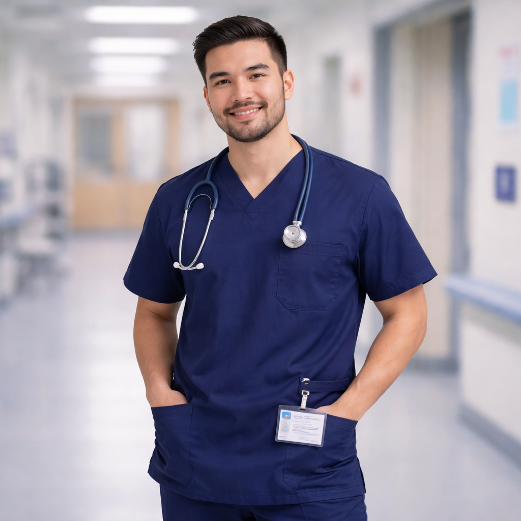 Unisex premium navy blue v-neck scrub top with pen compartment