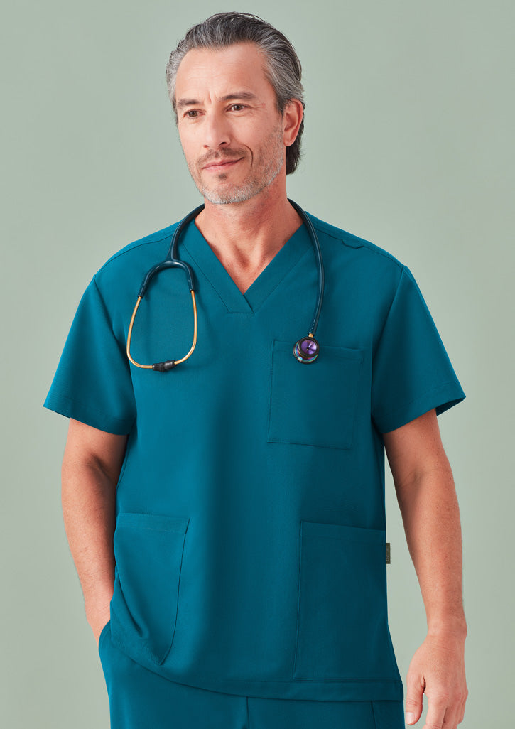 Teal unisex Pulse V-neck scrub top, relaxed fit with v-neck and pockets
