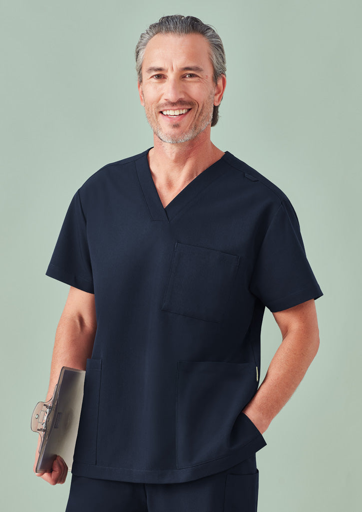 Navy blue unisex Pulse V-neck scrub top with relaxed fit pockets