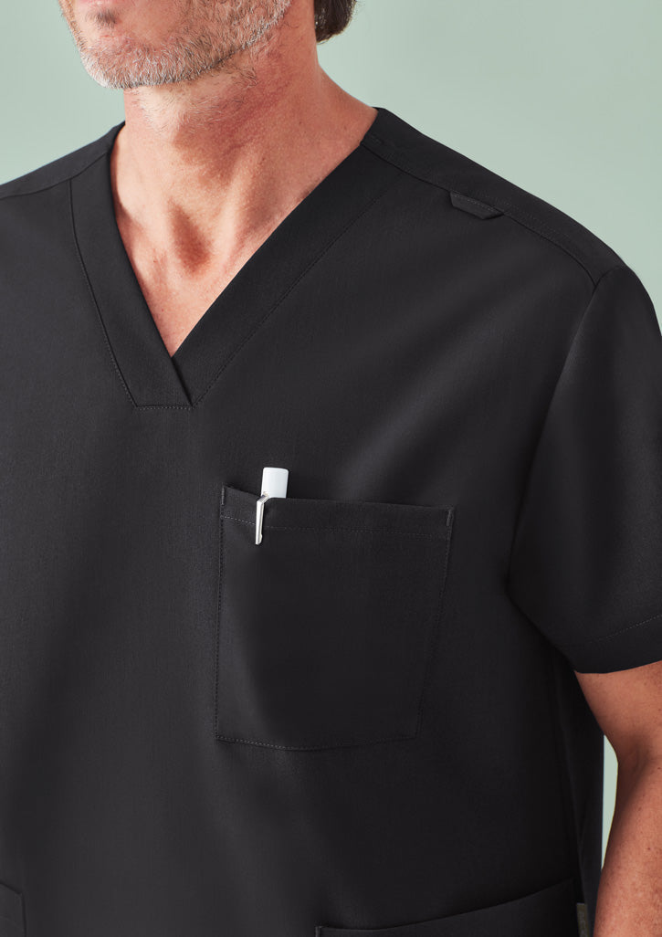 Black unisex Pulse V-neck scrub top with pocket and pen, relaxed fit