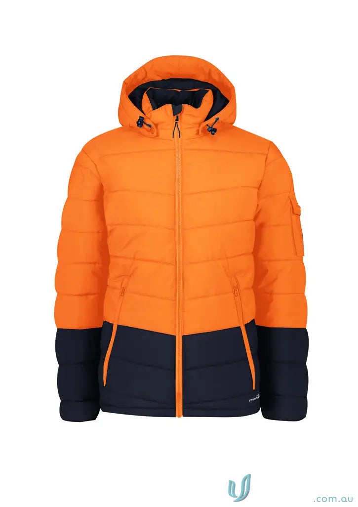 Orange and navy blue streetworx hooded puffer jacket for unisex streetworx hooded style