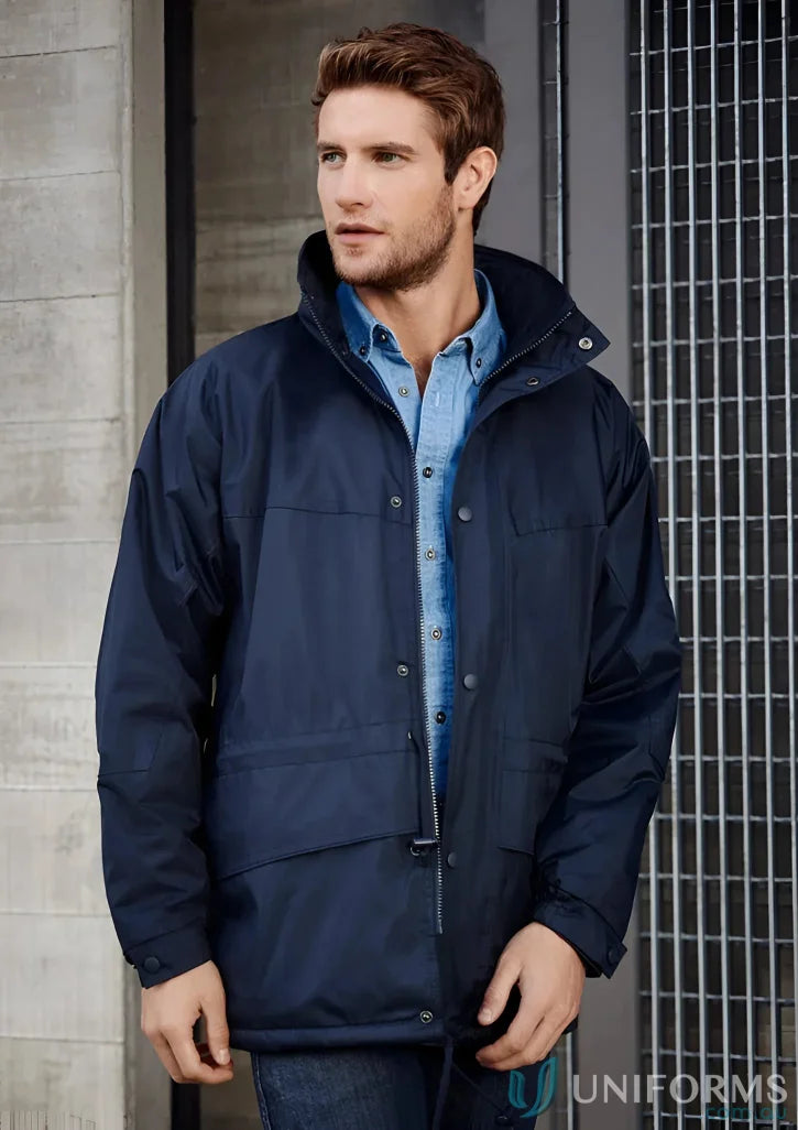 Man modeling unisex Trekka jacket with micro fleece lining and high wind collar