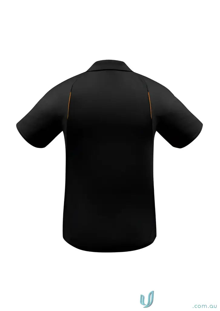 Black polo shirt with orange trim from United Polo collection, modern fit for biz style