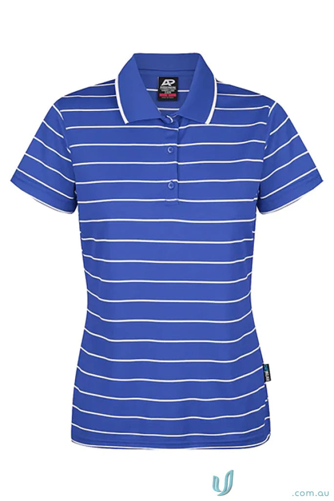 Vaucluse Lady Polo shirt with blue fabric, white stripes, and trim for casual polos
