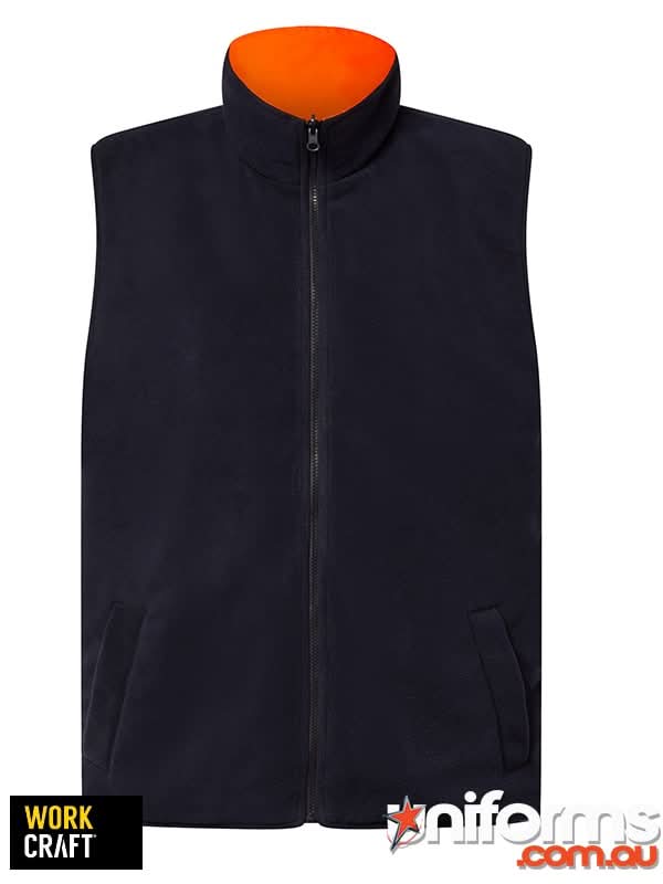 Black fleece vest with bright orange lining and two pockets perfect for workwear and uniforms