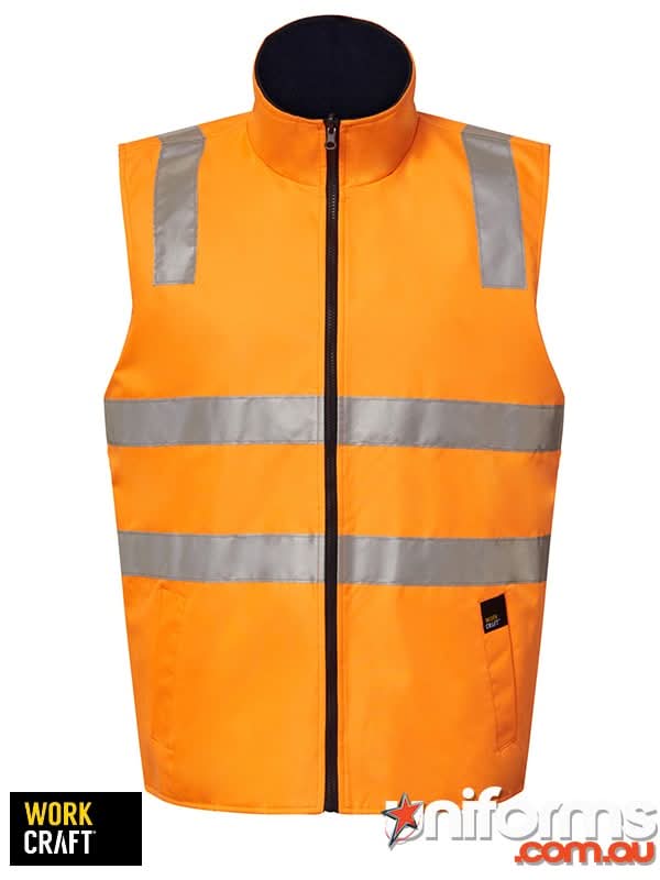 Bright orange vic rail reversible fleece vest with reflective stripes and black zipper for workwear uniforms