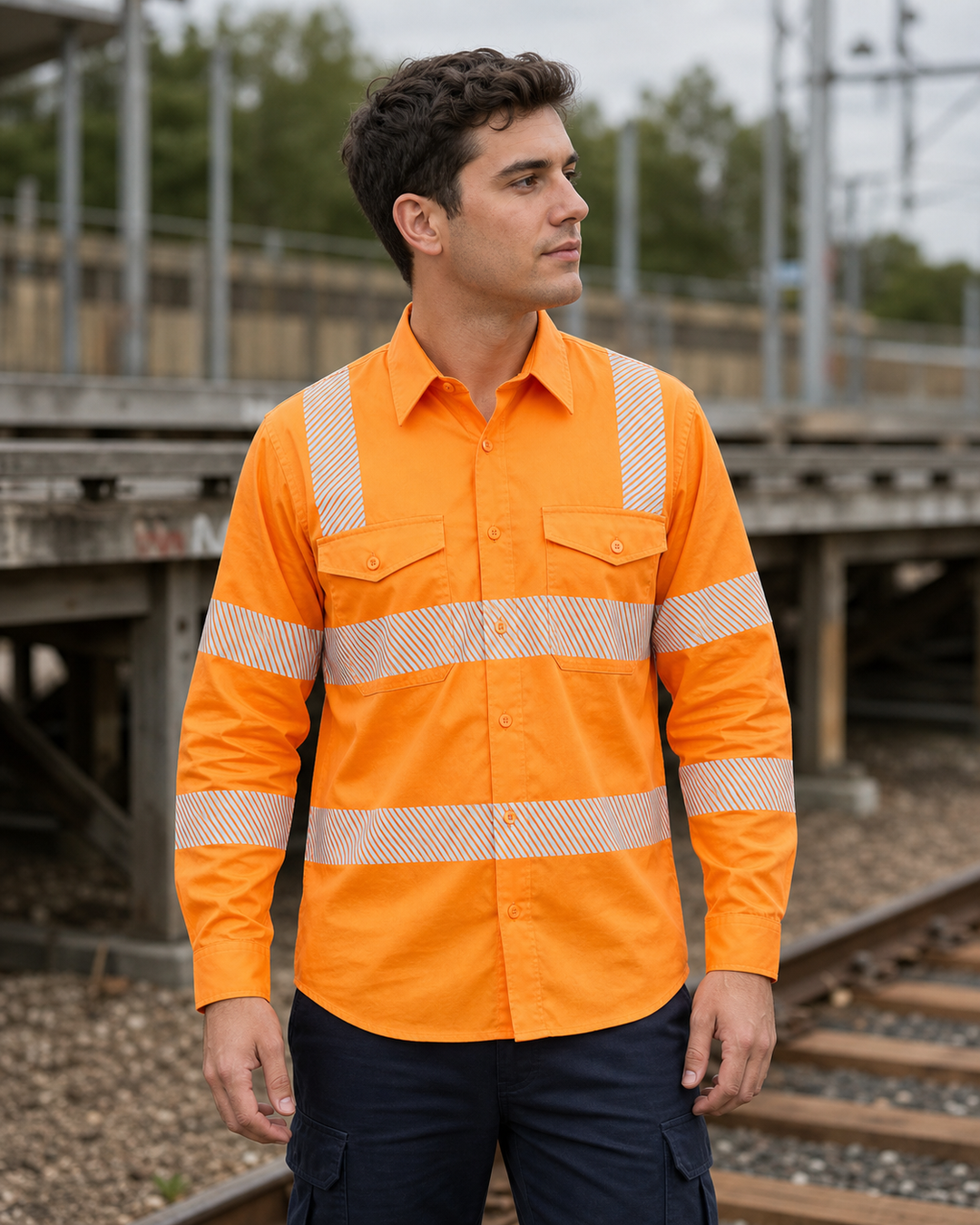 VIC Rail Segmented Tape Shirt on Australian male model