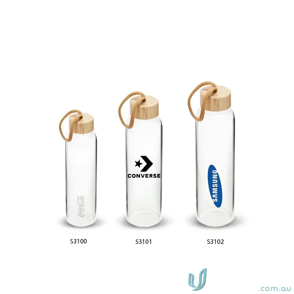 Glass water bottles with wooden lids in an individual white box, made of borosilicate glass with natural bamboo