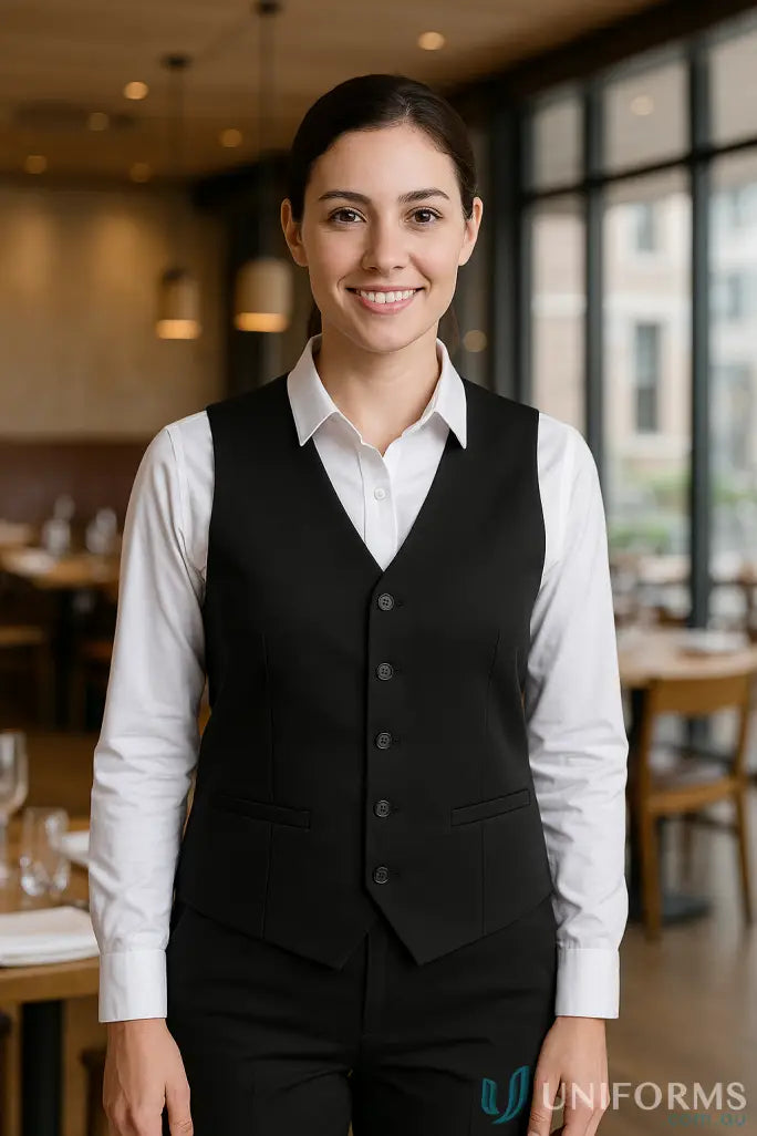 Womans black waiting vest and white shirt, perfect for JBS Waiting Vest sizing specifications