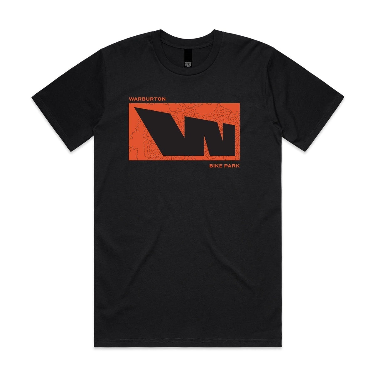 Black t-shirt with orange graphic.
