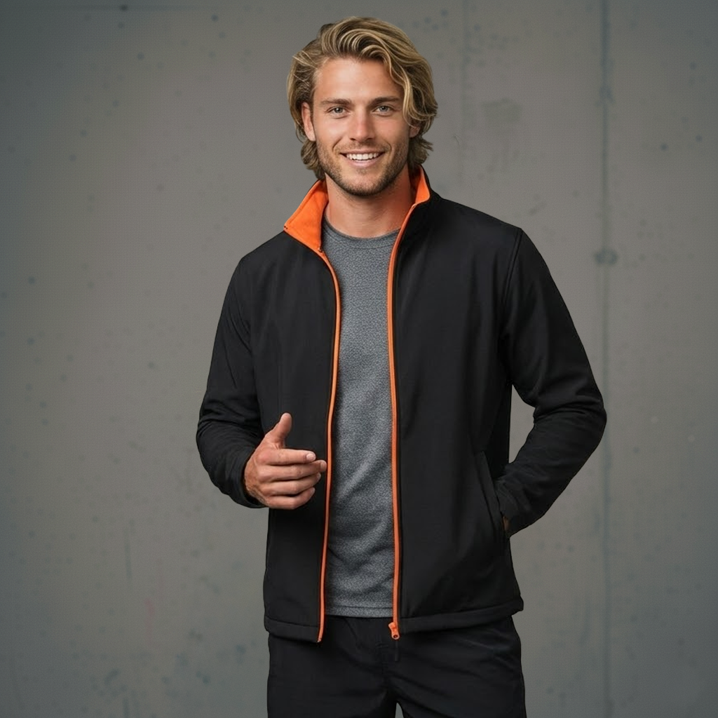 Black softshell jacket with orange lining, zipper trim and zip puller to stay dry