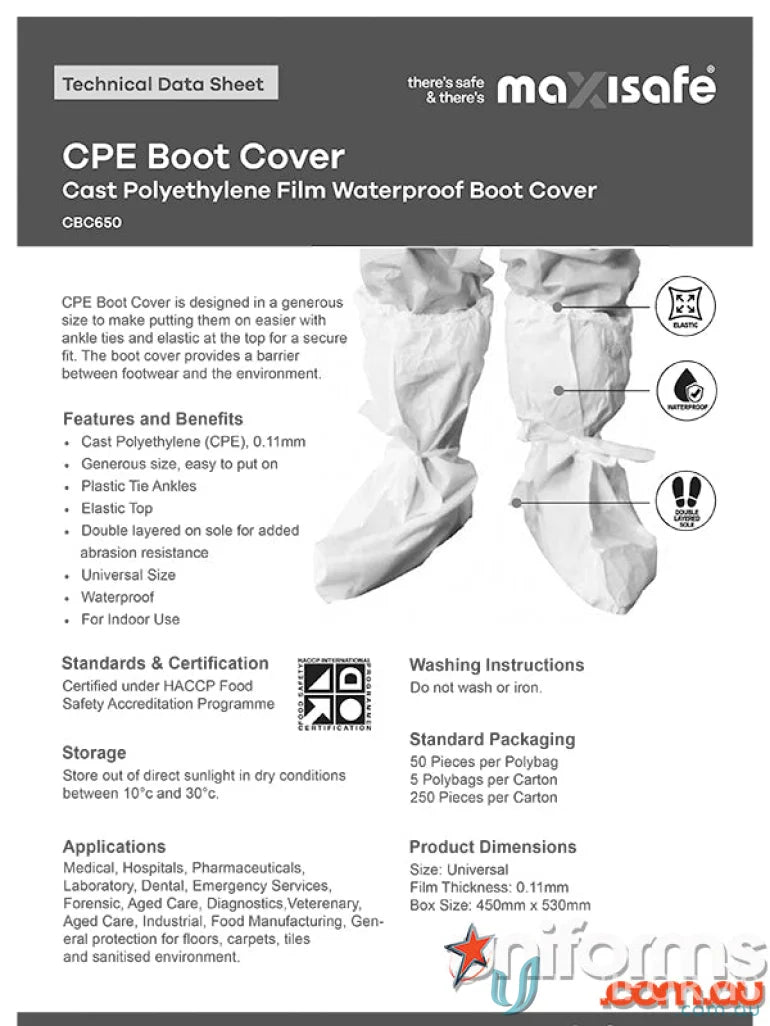 Waterproof CPE Boot Cover product sheet for work uniforms and workwear protection