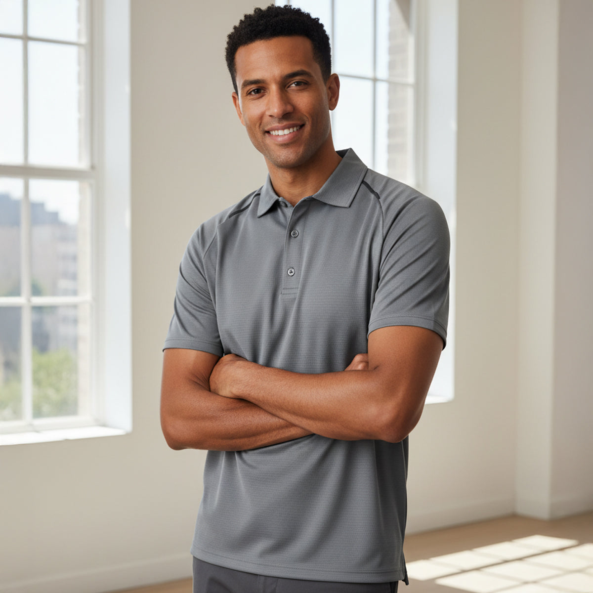 Man in Watsonia Polo gray cyber polo short-sleeve textured shirt
