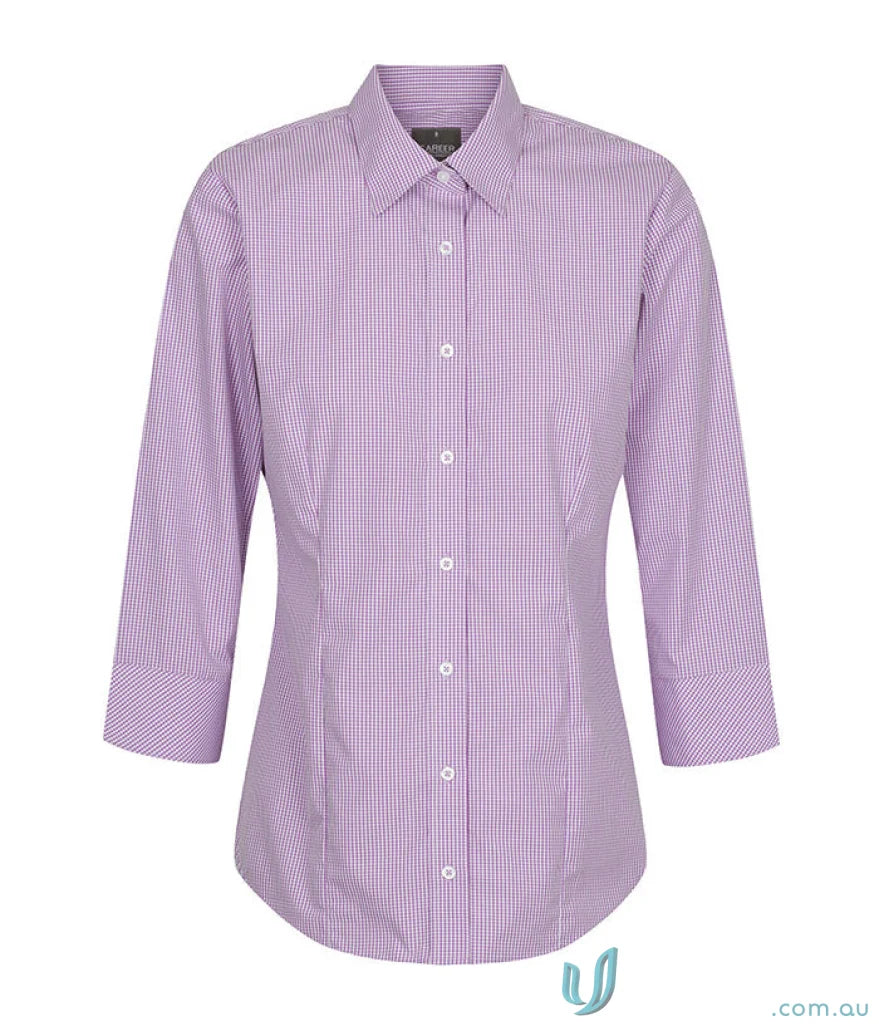 Lavender and white checkered Westgarth Gingham 3Q Shirt with easy iron silk protein feel