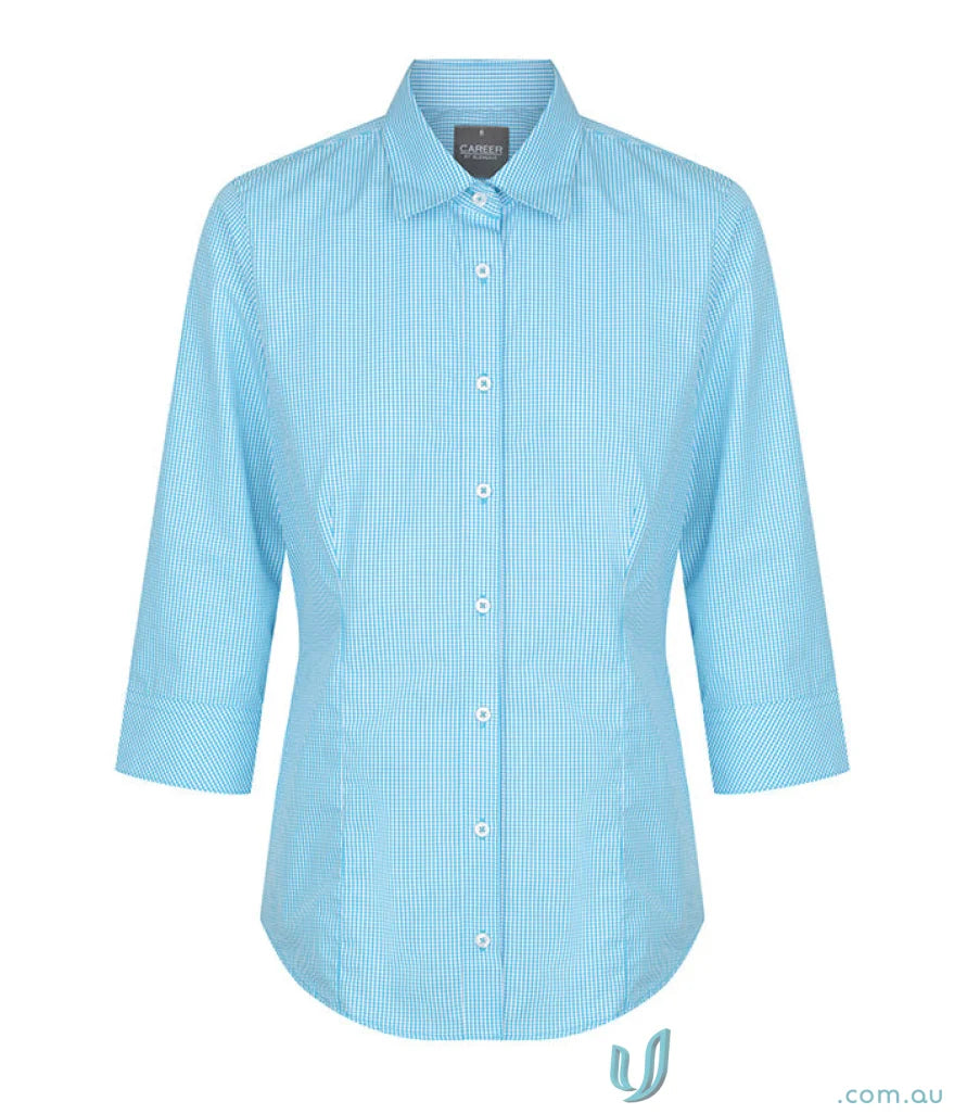 Light blue striped Westgarth Gingham 3Q Shirt made with silk protein, easy iron, perfect for uniforms
