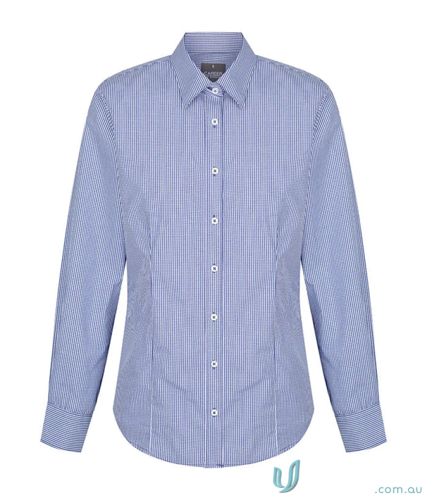 Women’s long-sleeved blue and white gingham shirt with classic collar perfect for workwear and uniforms in large sizes