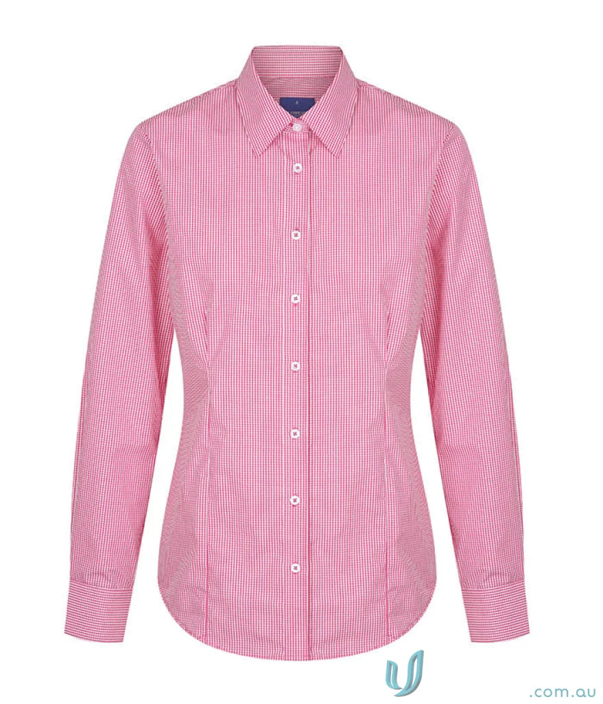 Pink and white fine-striped westgarth gingham long-sleeved shirt perfect for workwear and uniforms in large sizes