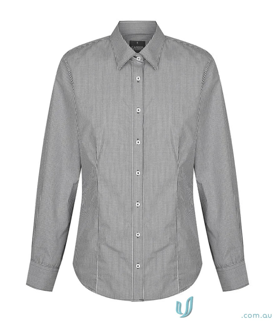 Women’s long-sleeved black and white checkered button-down westgarth gingham ls shirt ideal for workwear uniforms