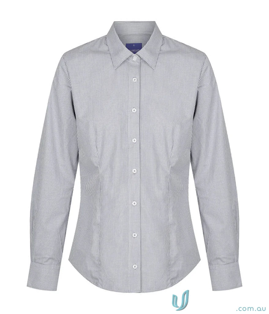 Women’s Westgarth gingham LS shirt with gray white pinstripes classic collar perfect for workwear and uniforms