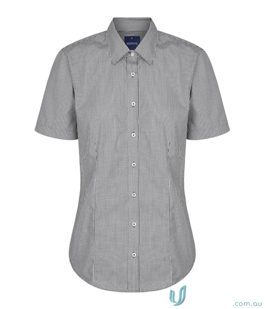 Gray and white checkered Westgarth Gingham short sleeve shirt, easy iron silk protein feel