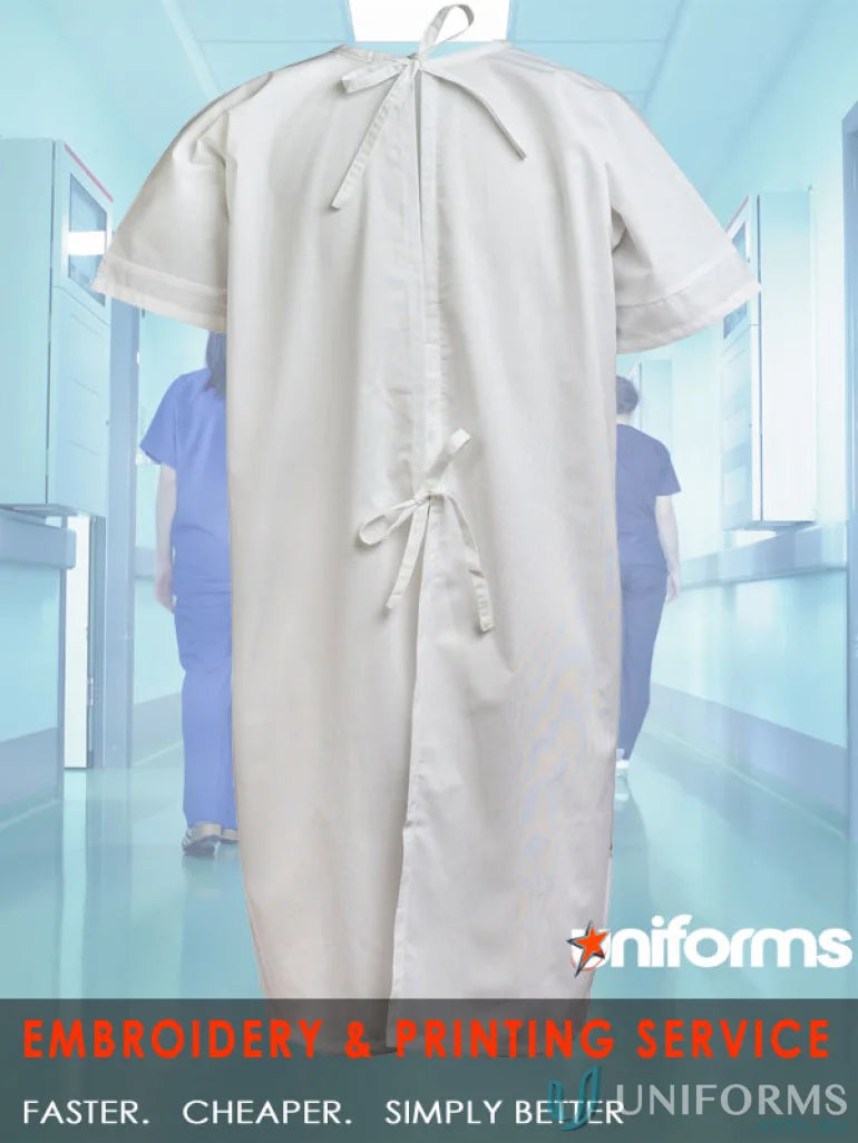 White LS Patient Gown with long knit cuffs, perfect for reliable uniforms