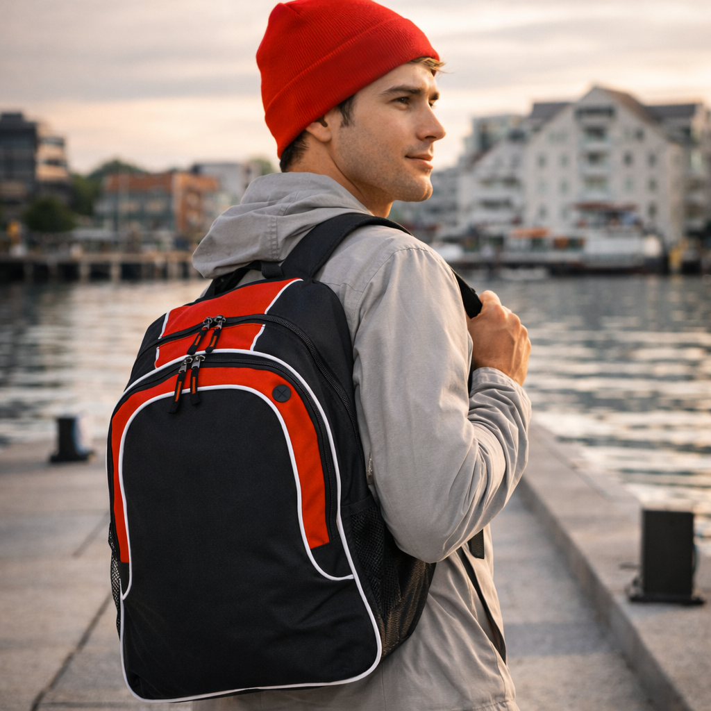 B5020 Winner Backpack in black and red with white trim, organizer pockets