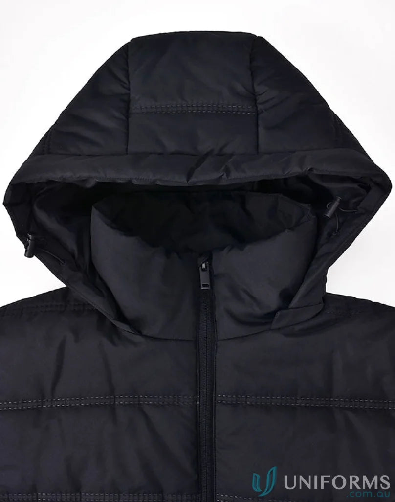 Black hooded puffer jacket from Winning Spirit 3D Cut Sustainable Seamless Parka with certified recycled PET and durable water-repellent fabric