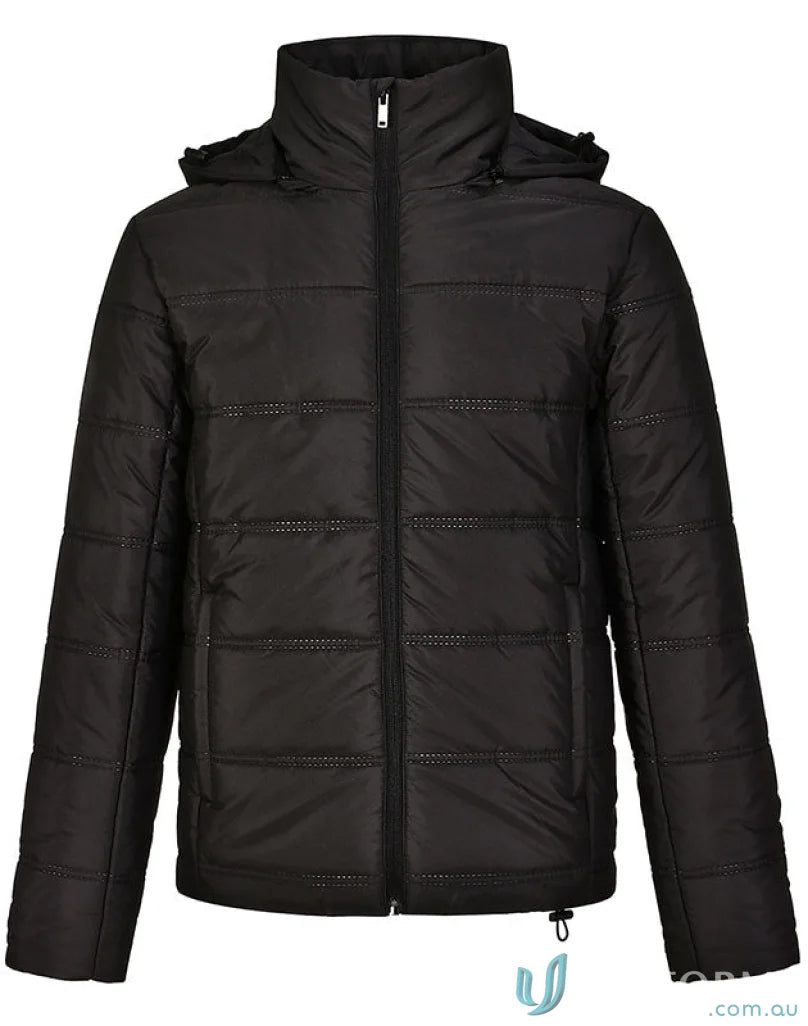 Black quilted hooded puffer jacket from Winning Spirit 3D Cut sustainable seamless parka with certified recycled pet and durable water-repellent features