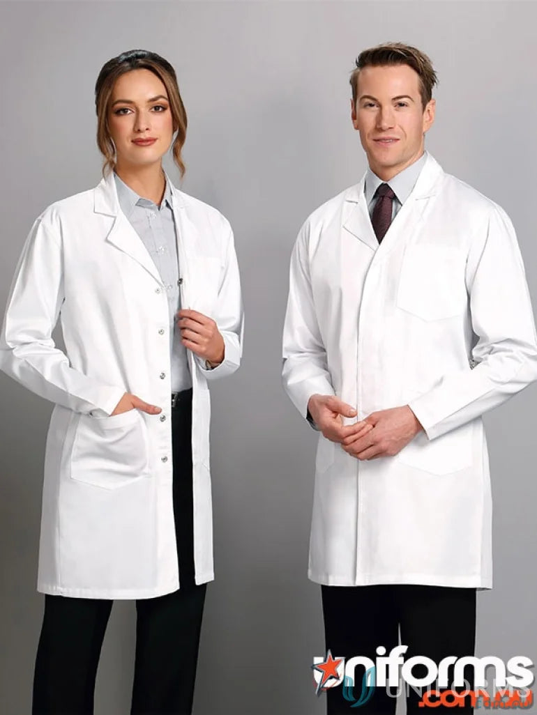 Two people in white adult lab coats with concealed stud buttons and two lower pockets