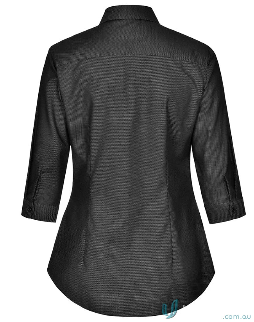 Black three-quarter sleeve button-down shirt with dot jacquard for Ascot Ladies by Winning Spirit Ascot