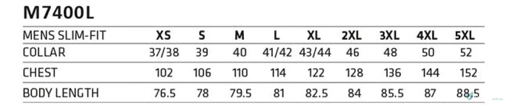 Men’s slim-fit size chart for Winning Spirit Ascot Long Sleeve Dot Jacquard Stretch Shirt