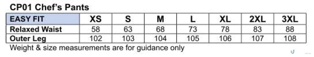 Size chart for Winning Spirit CP01 Chefs Pants with elastic waistband and patch pocket
