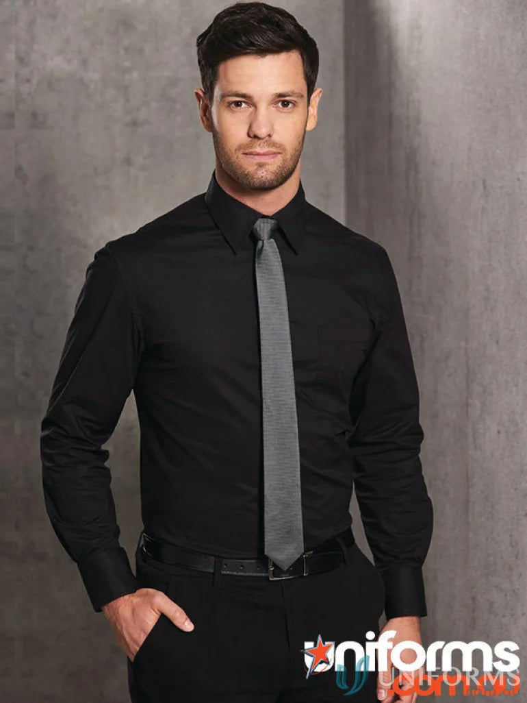Man in black dress shirt and gray tie, m7020l men’s cotton stretch long sleeve shirt