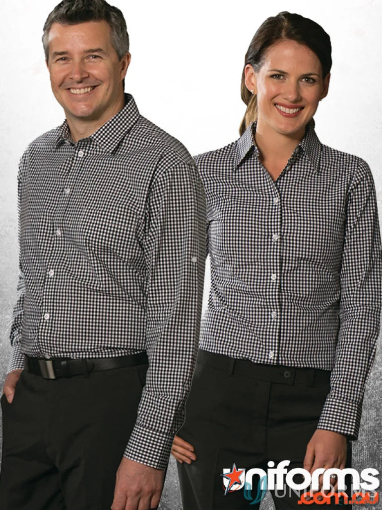 Matching checkered uniform shirts from Winning Spirit Gingham Roll Up LS Shirt in mens gingham check style